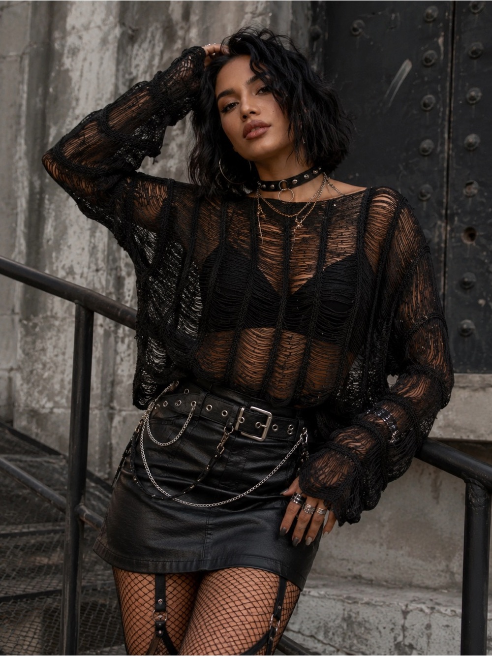 Sheer Black Open-Weave Knit Tunic - Edgy Layering Top